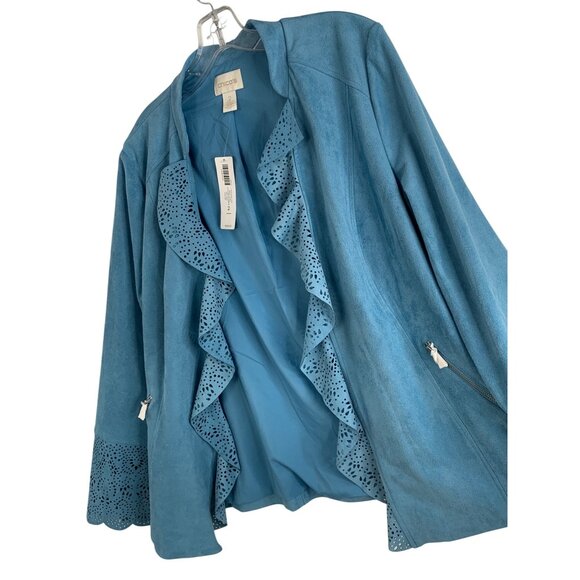Chicos Blue Faux Suede Perforated Ruffle Jacket Size 12 L New RH10190 NWT - Picture 1 of 9